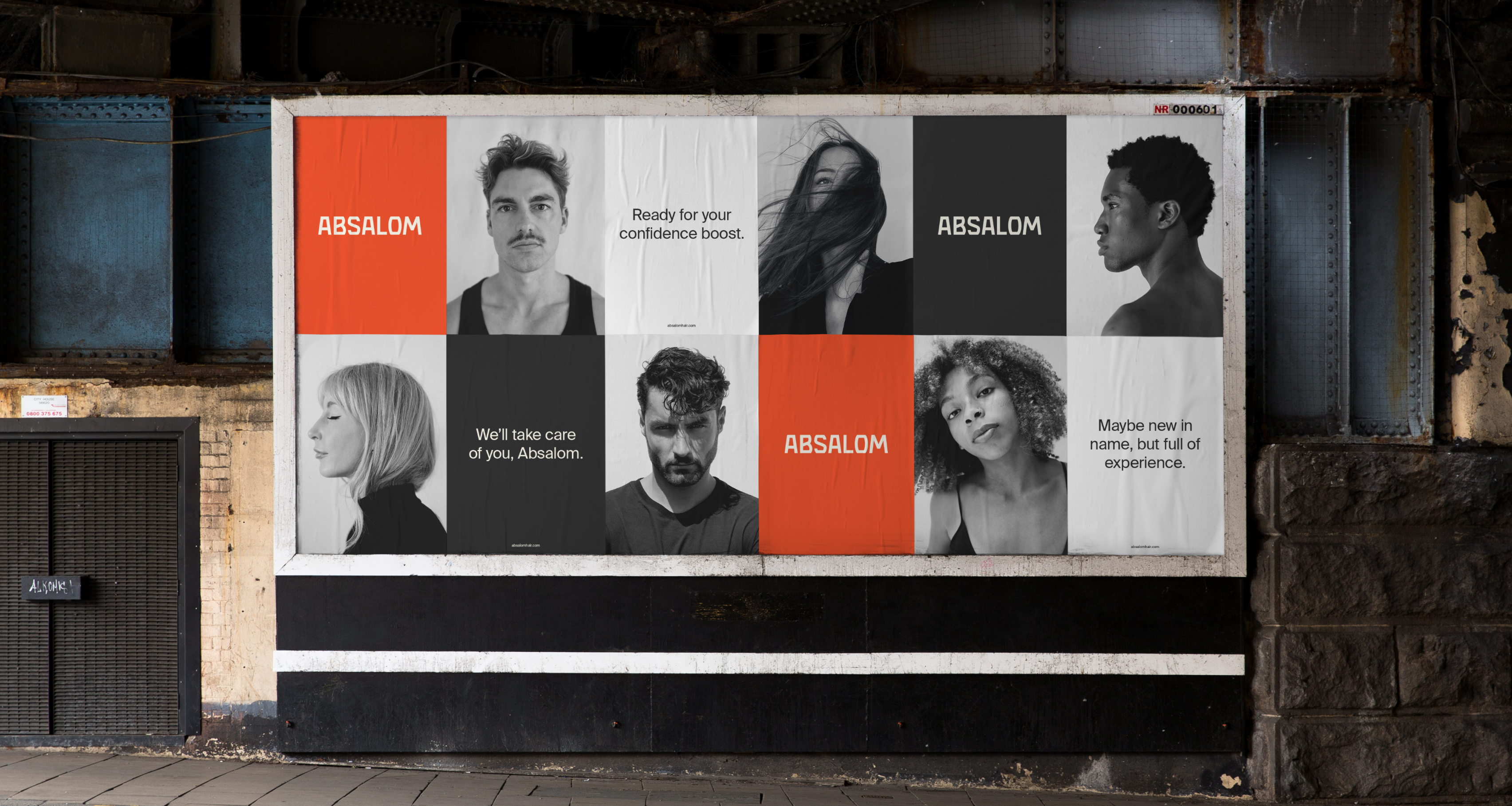 Absalom poster wall showing black and white photo's of people and their new haircuts